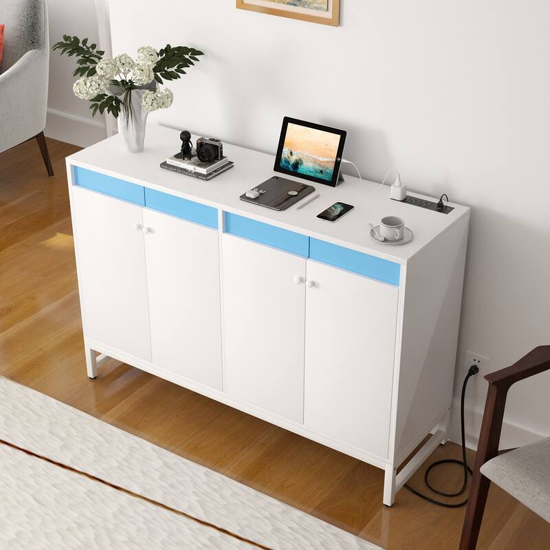 4 Doors Accent Cabinet with Power Outlet, Buffet Cabinet Storage Bar Cabinet with LED Light