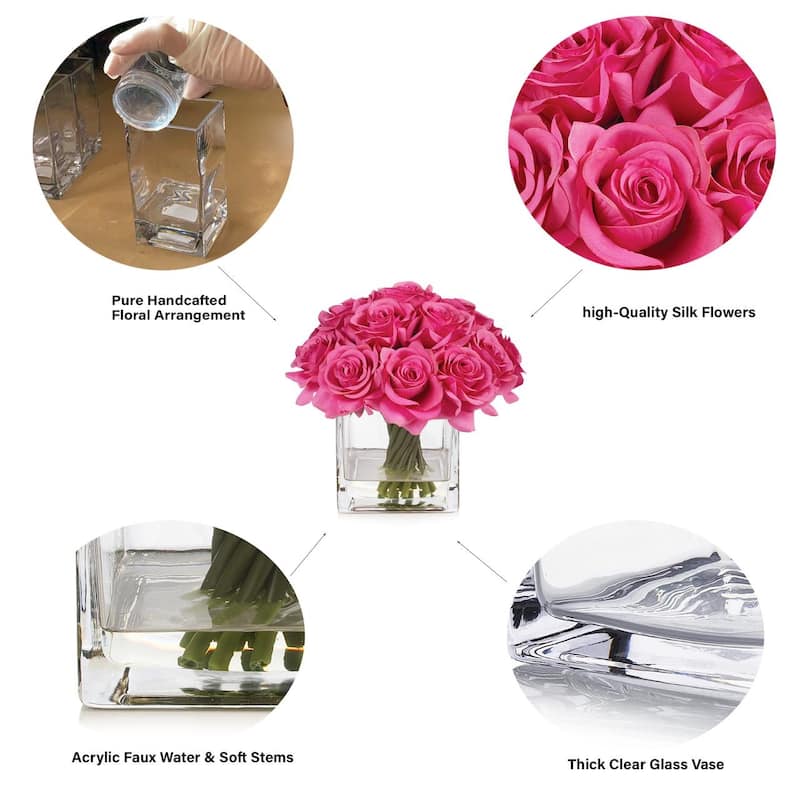 Enova Home Artificial Silk Rose Flowers in Cube Glass Vase with Faux Water for Home Office Decoration - N/A