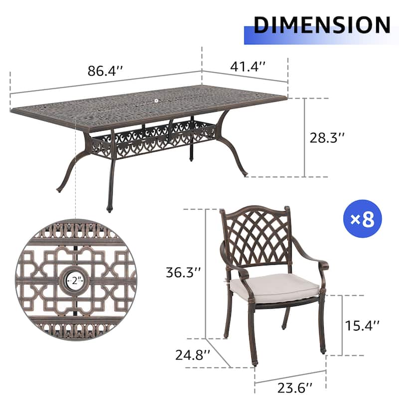 Aluminum 9-Piece Outdoor Rectangular Dining Set with Cushions & Umbrella hole
