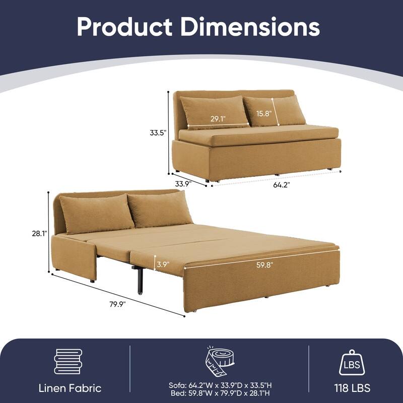 Mixoy Full Size Queen Size Sofa Bed,2 in 1 Convertible Linen 1-Seater/Loveseat Sleeper Sofa Couch with Cushions