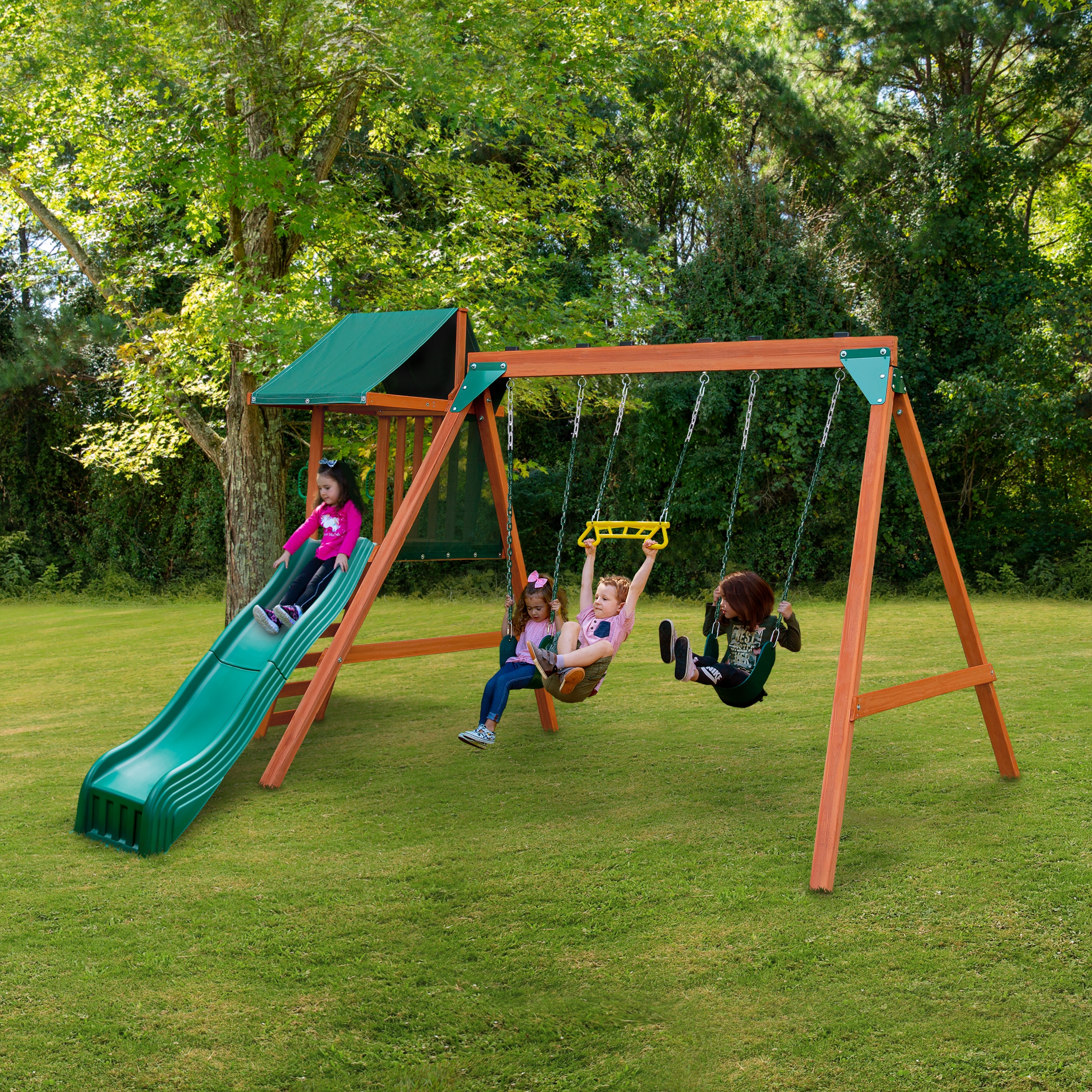 Swing n slide Ranger Plus Wooden Swing Set with Slide Climbing Wall and Swings