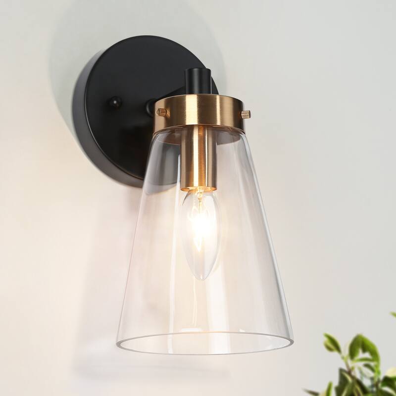 Glint 1-Light Black Gold Armed Wall Sconce Clear Glass Bathroom Vanity Light - 5'' L x 6.5'' W x 10'' H - 5'' L x 6.5'' W x 10'' H