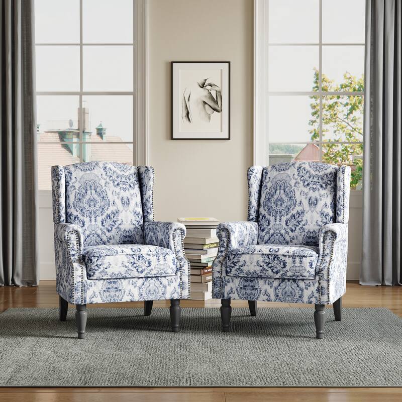 Upholstered Nailhead Trim Armchair Wingback Accent Chairs Set of 2 - Navy Blue
