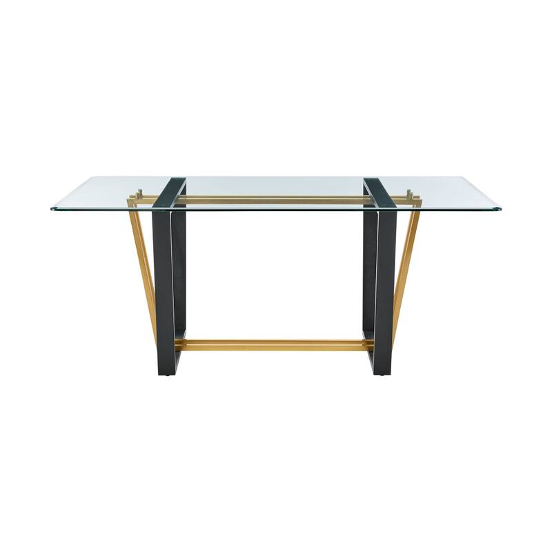Danie Dining Table, 72 Inch Glass Top, Angular Base, Gold, Black Iron - Gold, Black, Clear