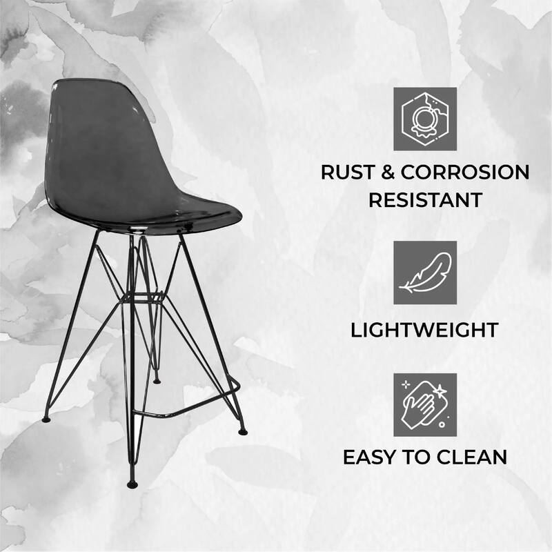 Cresco Acrylic Barstool in Brushed Black Steel Base with Ergonomic Seat, Footrest, & Floor Pads for Kitchen or Home Bar Set of 2