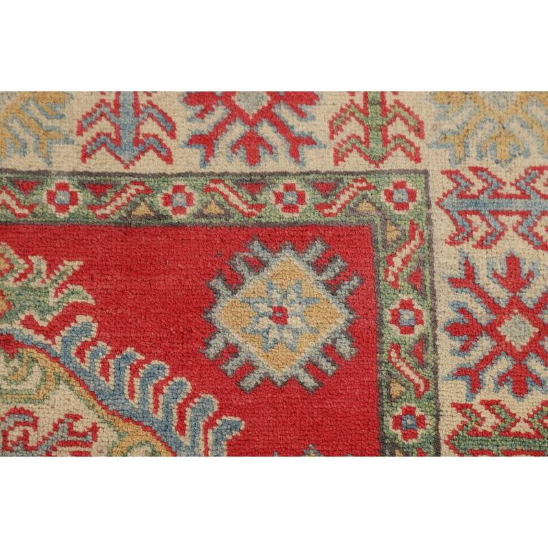 Geometric Red Kazak Oriental Accent Rug Handmade Wool Carpet - 3'3" x 5'0"