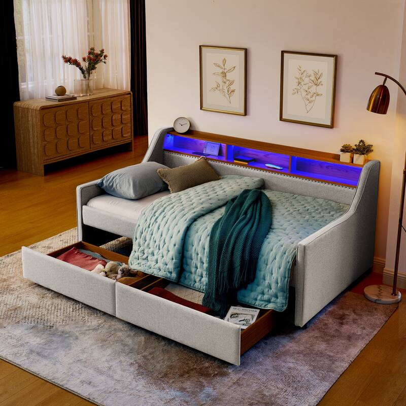 Roomfitters Twin Upholstered Sofa Bed with Adjustable Storage Headboard, Backlit Shelf and Underbed Storage Trundle