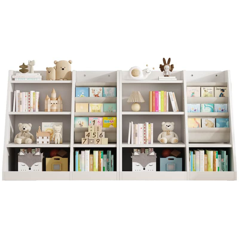 Kids Montessori Storage Bookshelf with 4-Tier Sling Pockets Perfect for Bedroom Nursery or Playroom