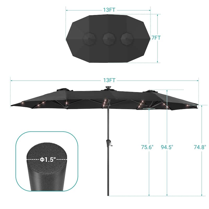BONOSUKI 13 x 7.2ft Solar-Powered LED Double-Sided Patio Umbrella with Large Canopy Outdoor Table Umbrella for Garden, Navy Blue