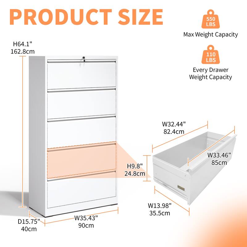 5 Drawer Metal Lateral File Cabinet - White
