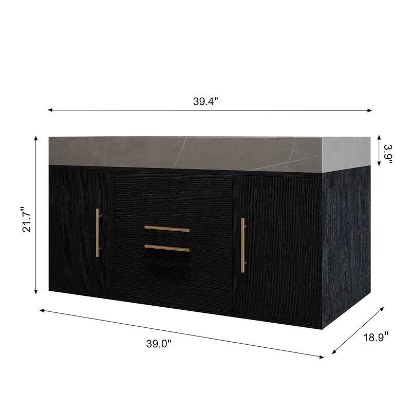 39.4 Inches Single Floating Bathroom Vanity with Faux Marble Top, Ceramic Sink, 2 Multi-layer Solid Wood Drawers & 2 Cabinets