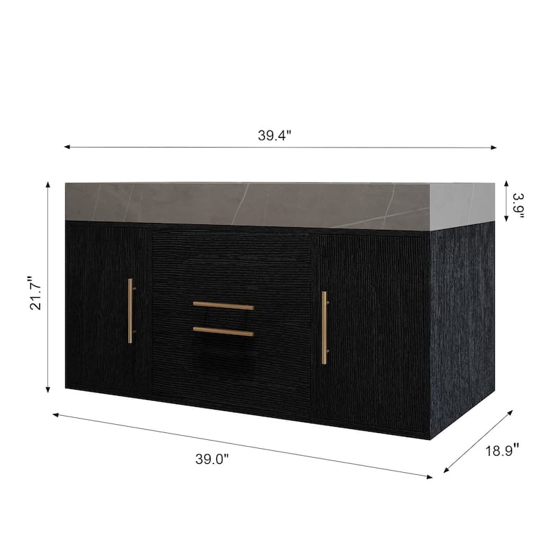 Wall-Mounted Single Sink Bathroom Vanity Cabinet with Faux Marble Top, Floating Bathroom Vanity with Center Ceramic Sink