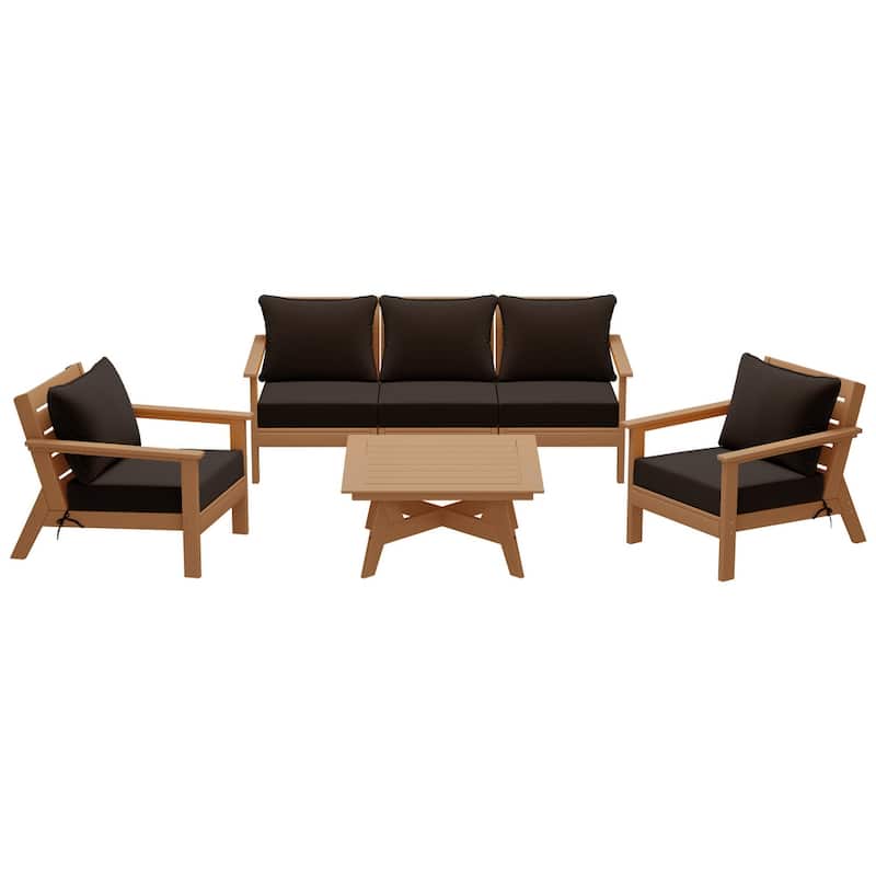 Birchwood All Weather HDPE Outdoor Patio Teak Deep Seating Conversation Set (6-Piece Set)