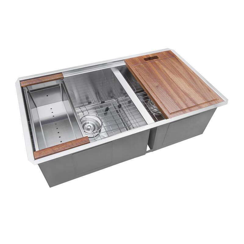 Ruvati 28-inch Workstation Sink 60/40 Double Bowl Undermount Low Divide 16 Gauge Stainless Steel - 28" x 19″