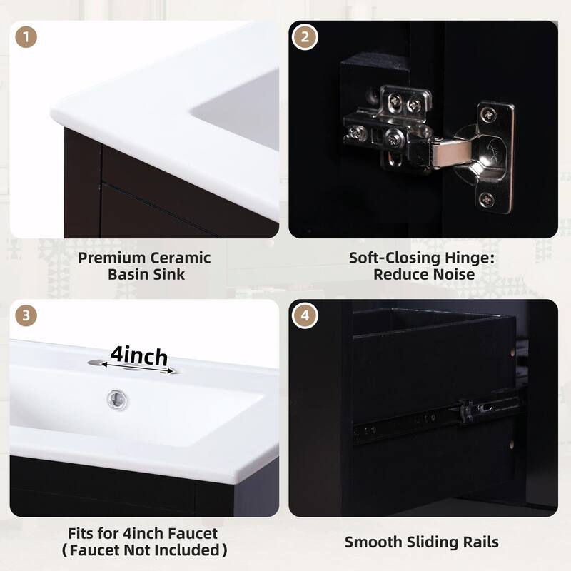 24" Modern Bathroom Vanity with Ceramic Basin - Restroom Sink Cabinet with 2 Drawers
