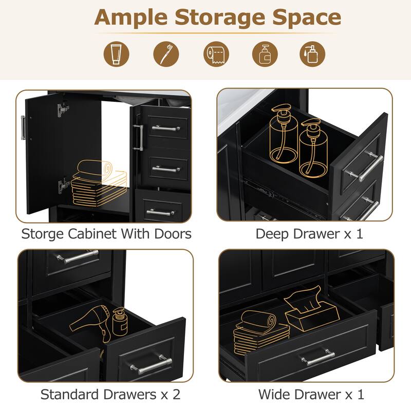 36-inch Traditional Bathroom Vanity with Resin Sink Combo Set, Black Bathroom Cabinet with Two Doors and Four Drawers，Black