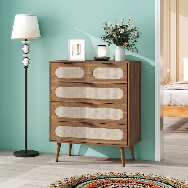 Roomfitters Mid Century 5 Drawer Storage Cabinet, Accent Chest with Rattan Fronts for Bedroom, Walnut - Walnut