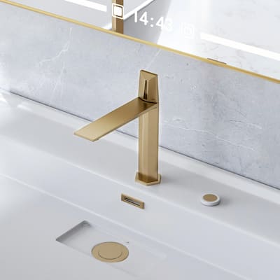Brass Single Hole Bathroom Faucet, CUPC Certified 500K Leak-Proof, 1.97GPM with Red/Blue Handle (Brushed Gold/Matte Black)