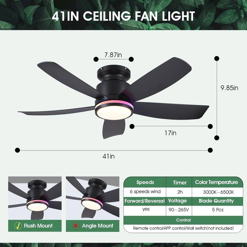41 Inches Ceiling Fan with Light,5 ABS Blades,Flush Mount Low Profile Ceiling Fan with LED Light and Remote - 41 Inches