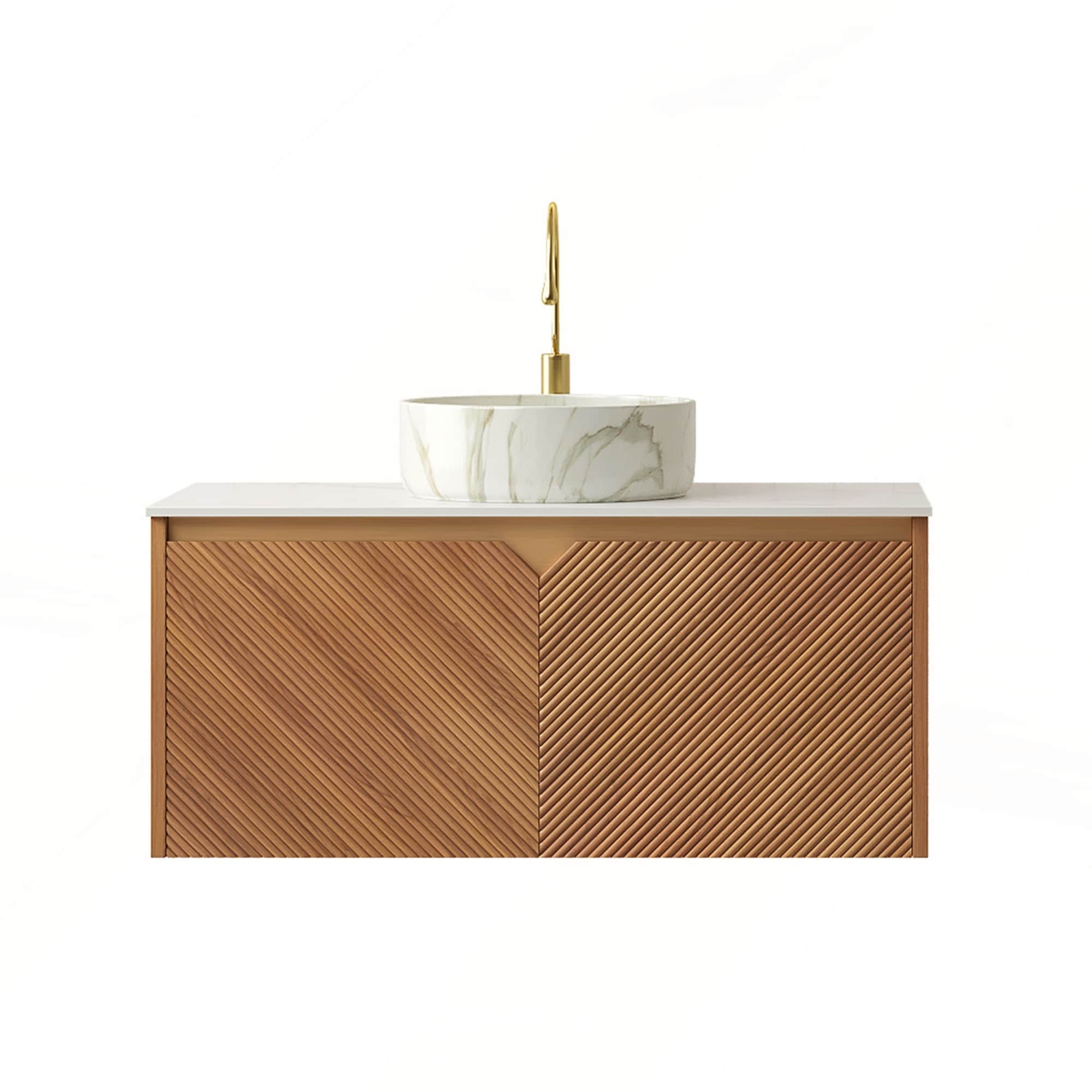 36 Inch Wall-Mounted Brown Oak Bathroom Cabinet with Carrara White Countertop, No Basin or Faucet