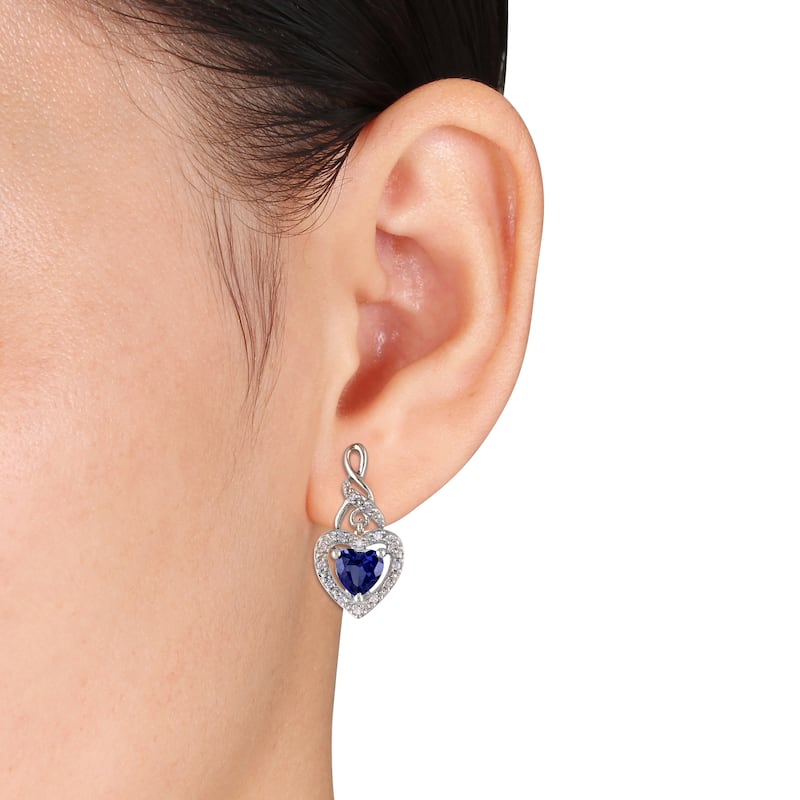 Miadora 1/8 CT TW Diamond 1 1/8 Created Blue Sapphire Heart Earrings Sterling Silver