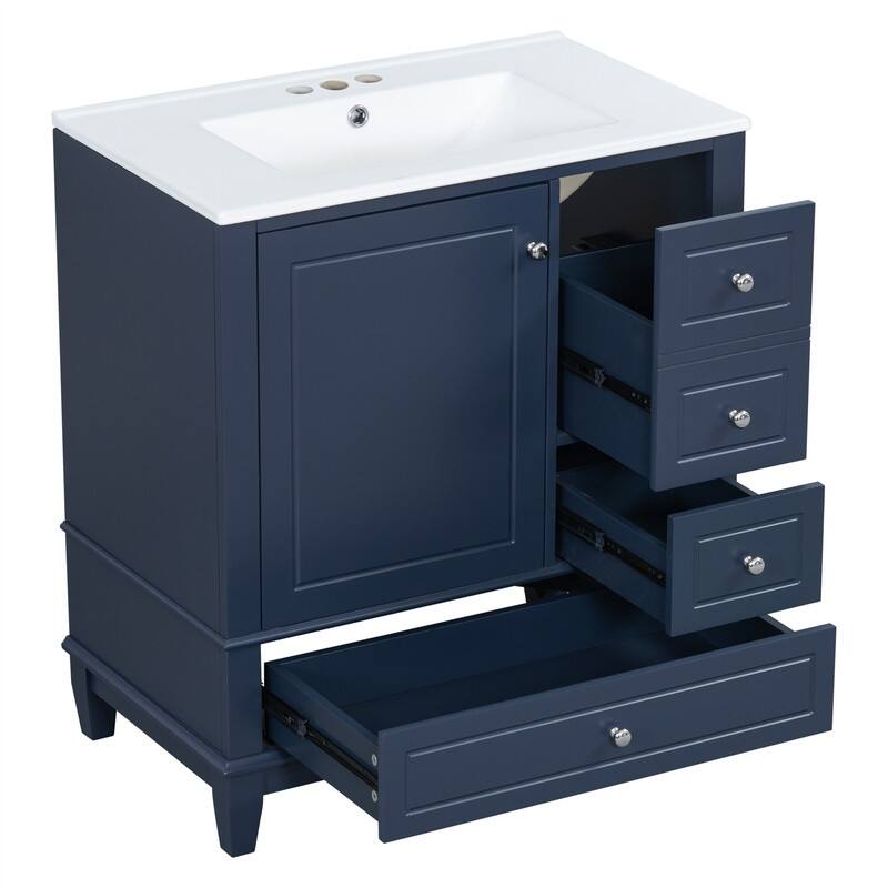 30" Bathroom Vanity with Ceramic Sink, Freestanding Bathroom Vanity Cabinet w/ 3 Storage Drawers, 1 Soft Close Door & Door Shelf