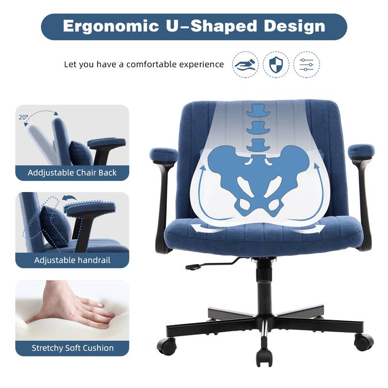 Blue Cross-Legged Office Chair, Vanity Chair with Adjustable Seats and Wheels, for Home Offices and Studies