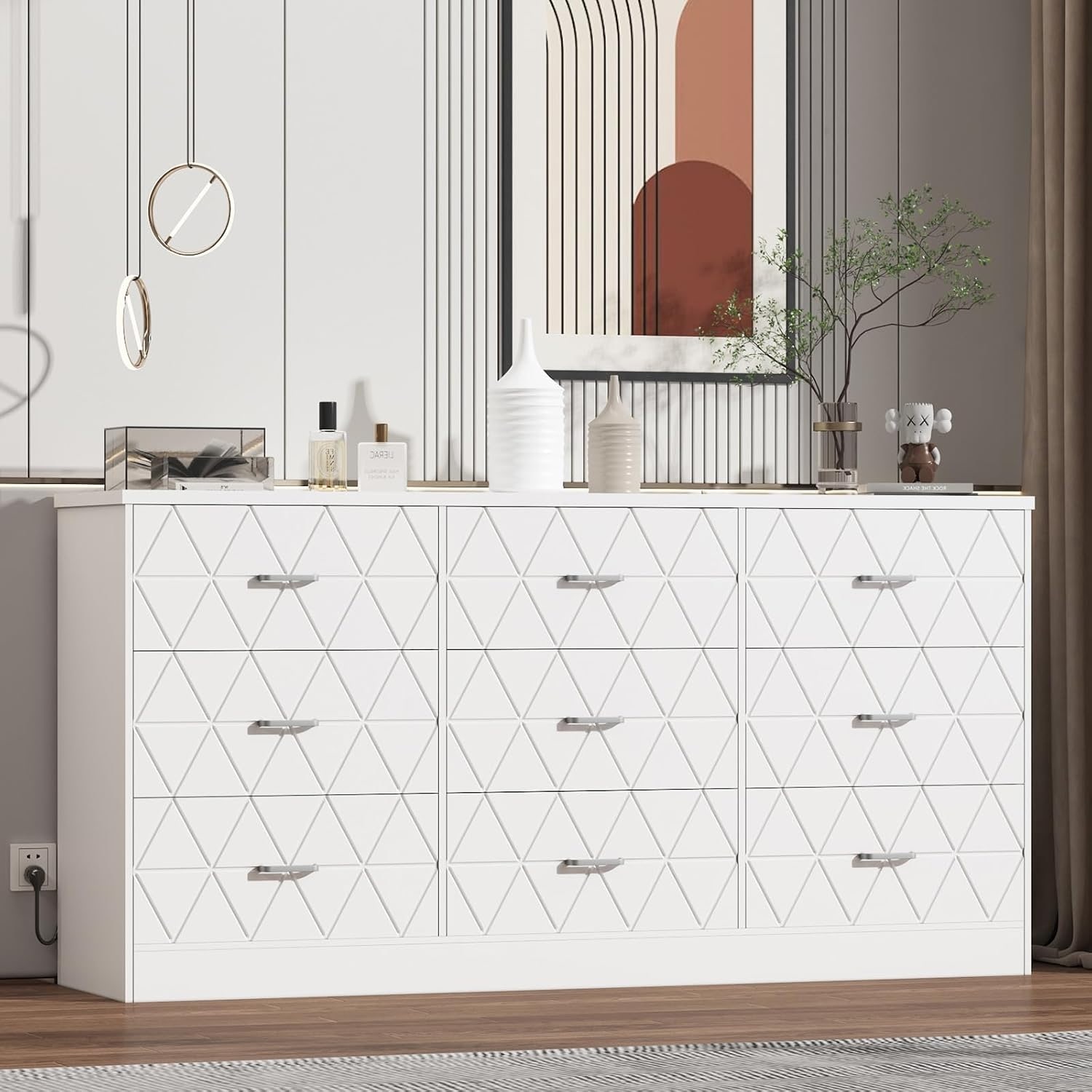 Dresser with Power Outlets, Modern White Chest Organizer Bedroom Living Hallway Scratch Proof MDF
