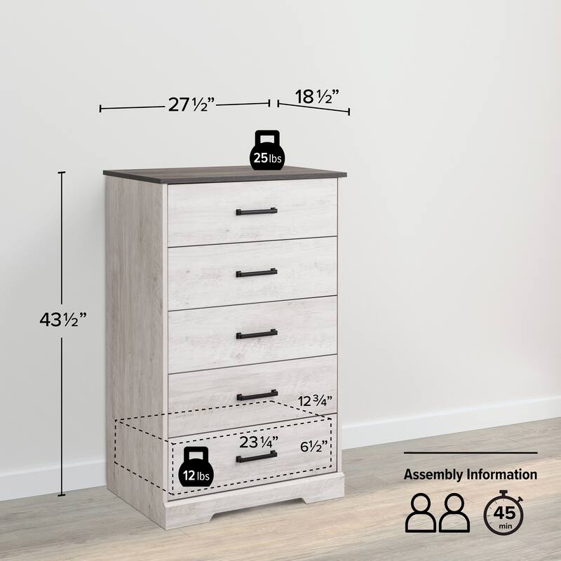 Prepac Rustic Ridge Farmhouse Chest, Wooden Bedroom Dresser with 5 Storage Drawers