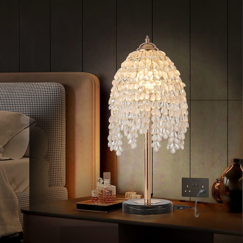 19"(H) Elegant Crystal Table Lamp - Vintage Waterfall Design with Teardrop Grape Crystal Bead String Shades