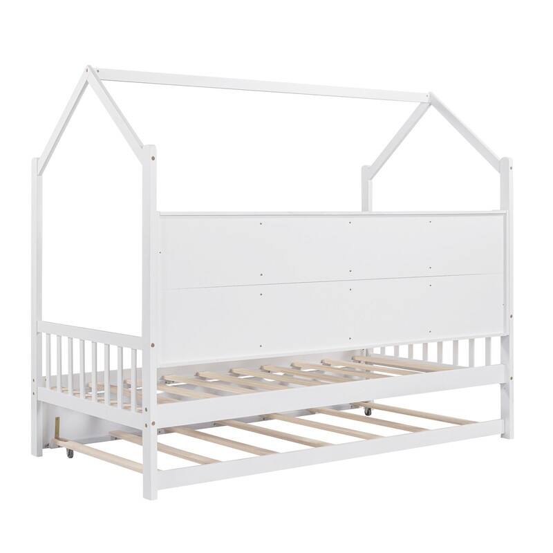 Twin Size Wooden House Bed with Trundle, Kids Bed with Shelf