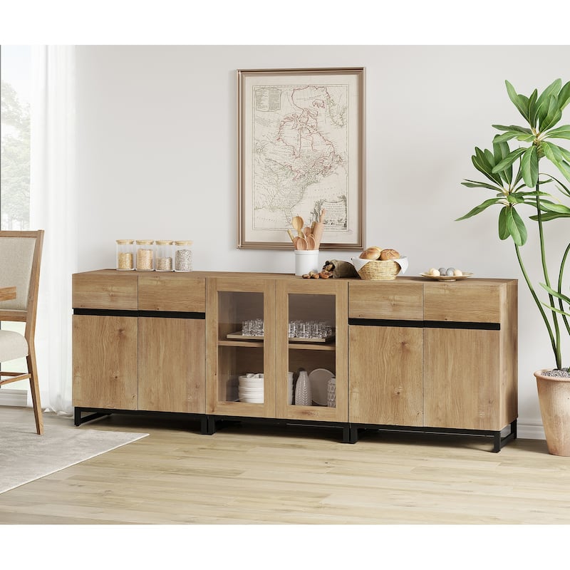 WAMPAT Modern Sideboard with Adjustable Shelves, 3 in 1 Storage Cabinet with Glass Doors, Coffee Bar Cabinet for Kitchen - 94.5 inches - Oak
