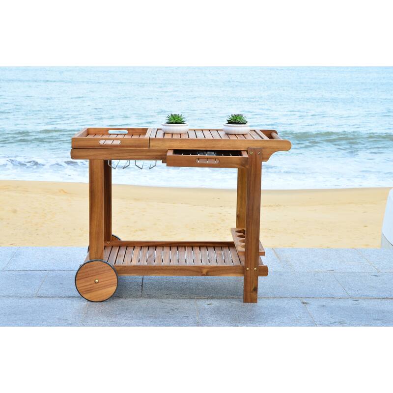SAFAVIEH Outdoor Nallely Acacia Wood Tea Trolly - 24Wx39Dx30H