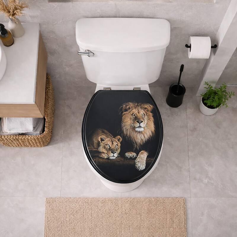18-Inch Black Elongated Toilet Seat With Lion And Lioness Print - 17.5 L x 14.7 W x 2 H