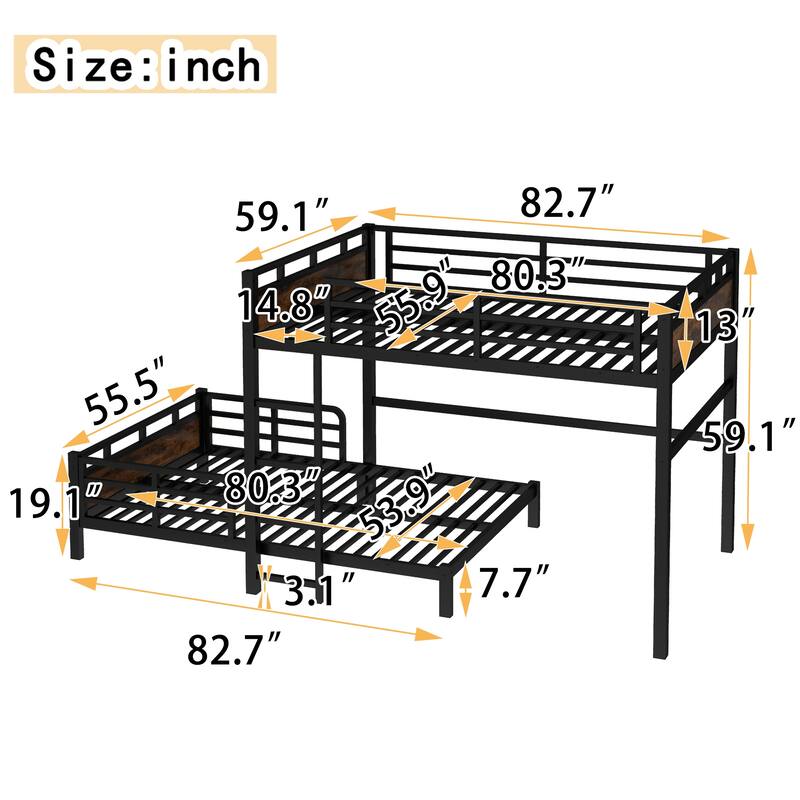Roomfitters Twin/Full/Queen Metal Bunk Bed & Loft Bed with Raised Safety Fence, Convertible Platform Design, Vintage Wood