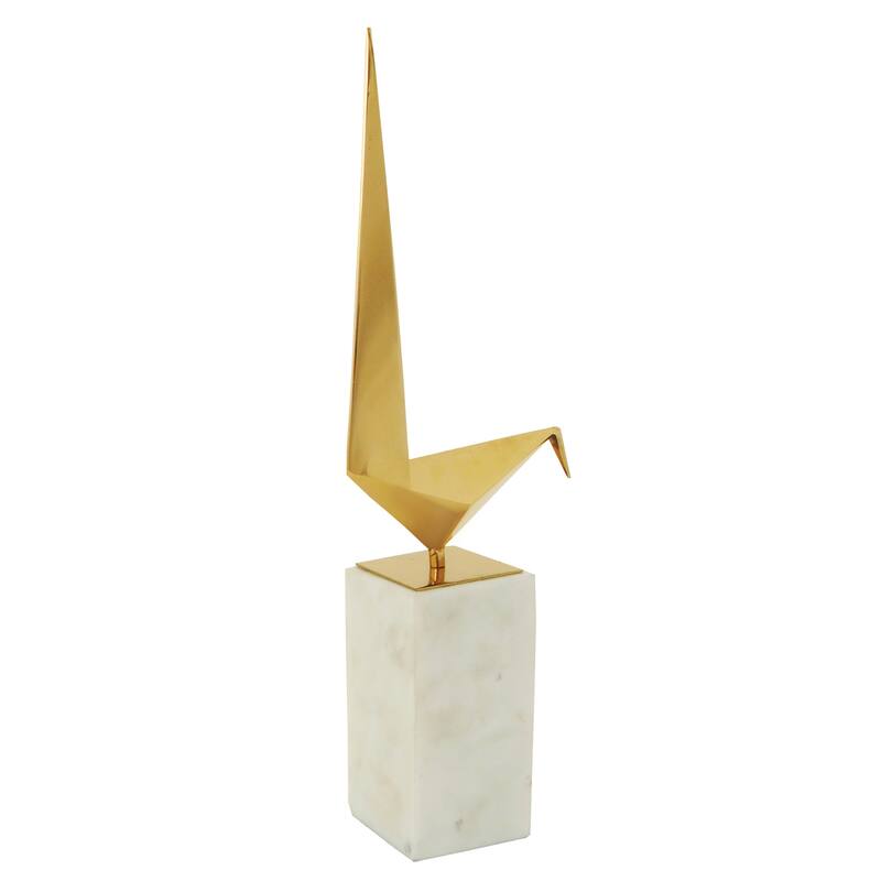 Harp & Finial Gold on White Marble Base Bird Statue - Short 21 inches