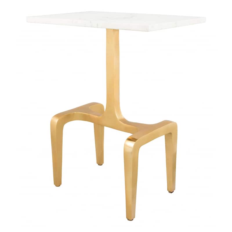 White Gold Marble Top Rectangular End Table with Aluminum Legs - 12” x 18” x 23” (D x W x H) - Gold and White