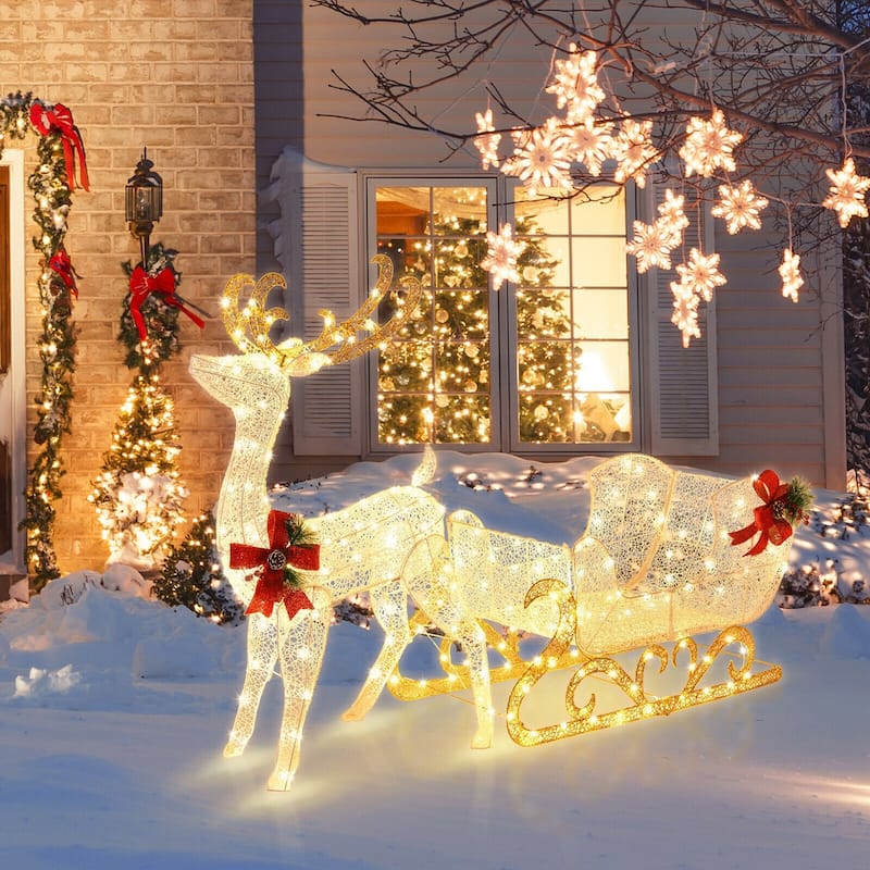Lighted Reindeer and Sleigh Christmas Yard Decoration with 215 LED Lights for Outdoor Display