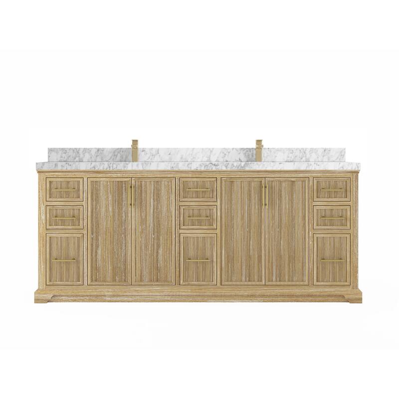 Willow Collections 84 in. W x 22 in. D Alys Solid Teak Wood Double Sink Bathroom Vanity with Quartz or Marble Countertop - 2"Carrara Marble - Whitewashed