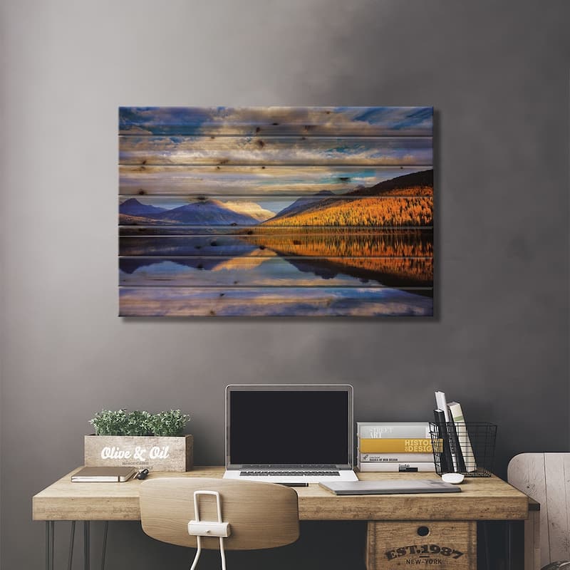 Cloudy Autumn Landscape And Its Reflection, Kintla Lake, Glacier National Park, Montana, USA Print On Wood by Chuck Haney