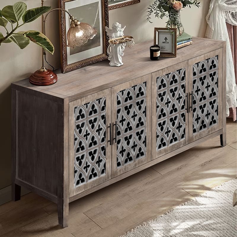 Antique Hollow 4-Door Sideboard Buffet Cabinet with Adjustable Shelves for Living Room or Kitchen - Brown