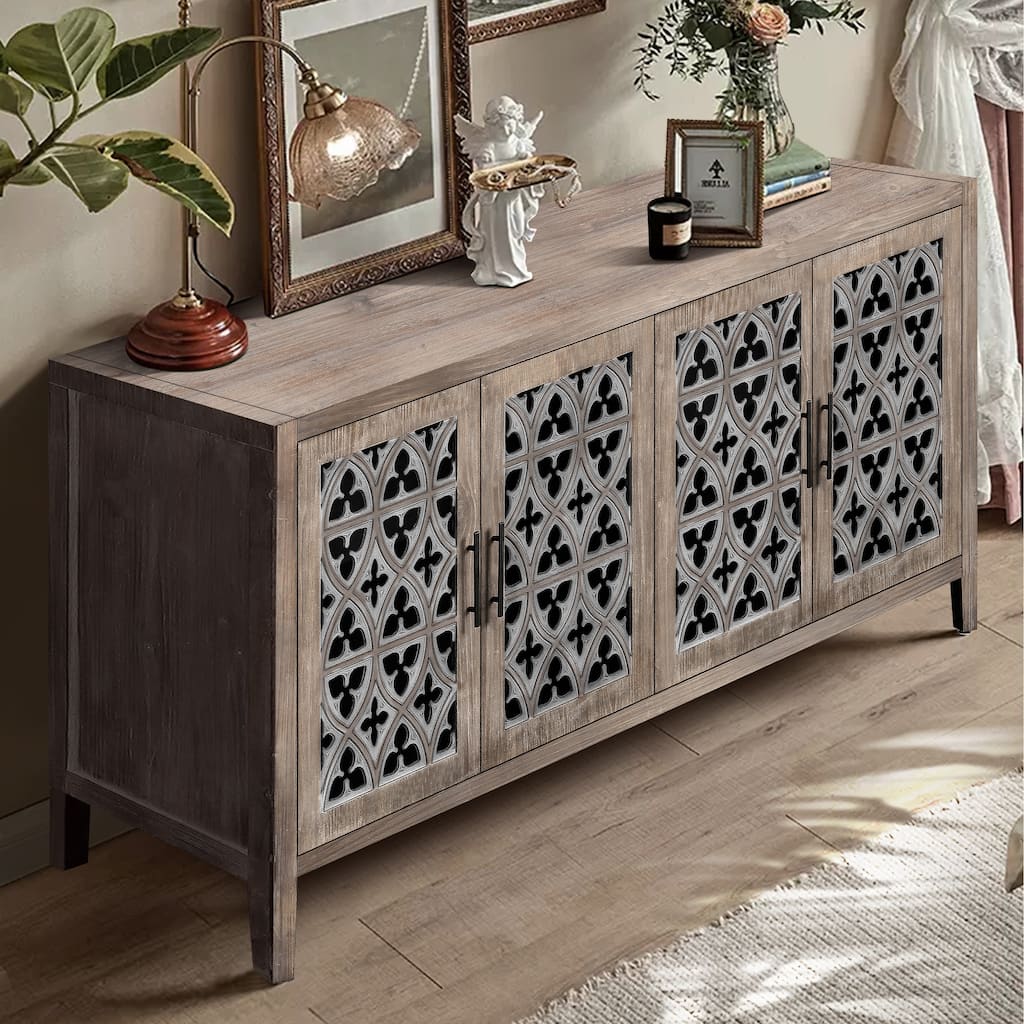 Elegant Hollow 4-Door Buffet Cabinet with Floral Design for TV Console or Living Room Storage