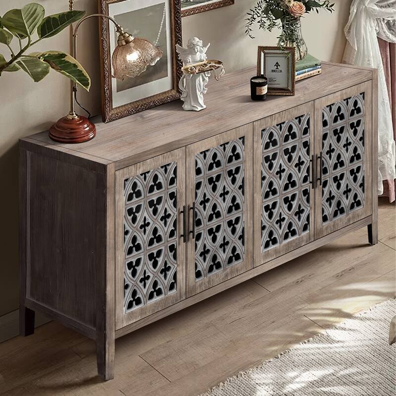 Hollow Carved Buffet Storage Cabinet Sideboard Cupboard Console Table - Antique brown