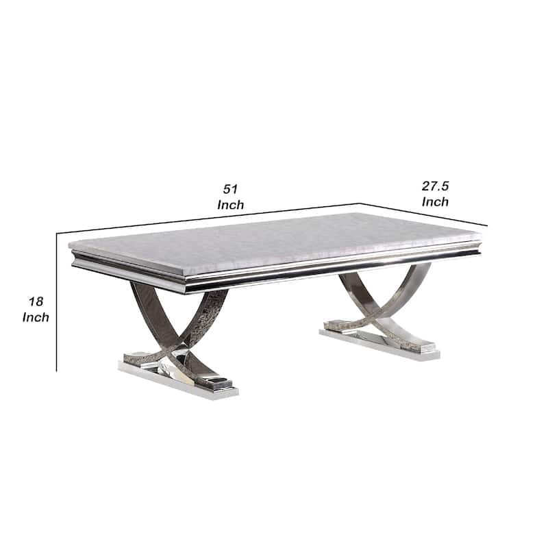 Wety Coffee Table, Faux Marble Top, Chrome Pedestal Base, 51 Inch