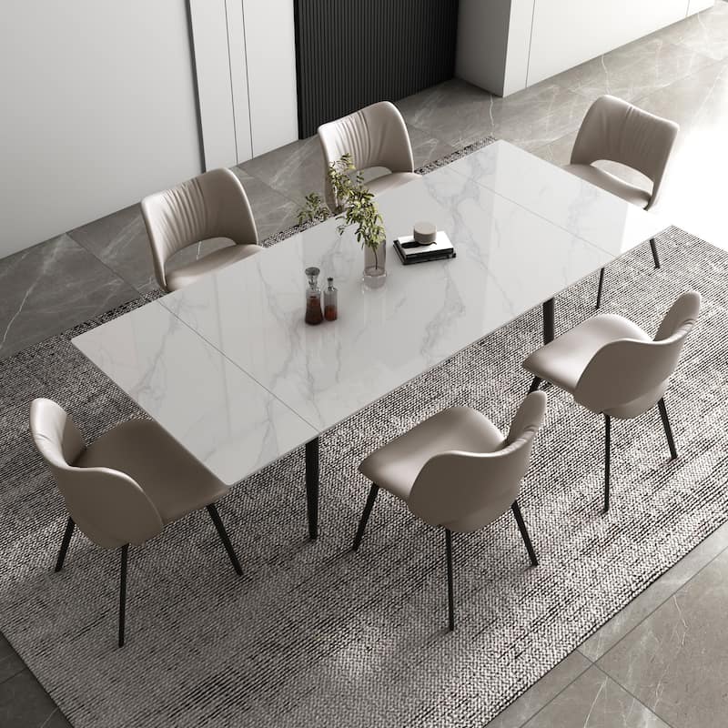 7 Piece 62.9 inch to 94.4 inch Extendable Dining Table Set with Sintered Stone Top 6 Chairs - Top white