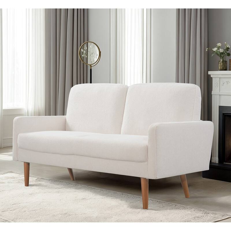 Velvet Upholstered Loveseat Sofa, Small Loveseat Sofa Couch with Rubber Wood Legs, 2 Seater Couch with Throw Pillow