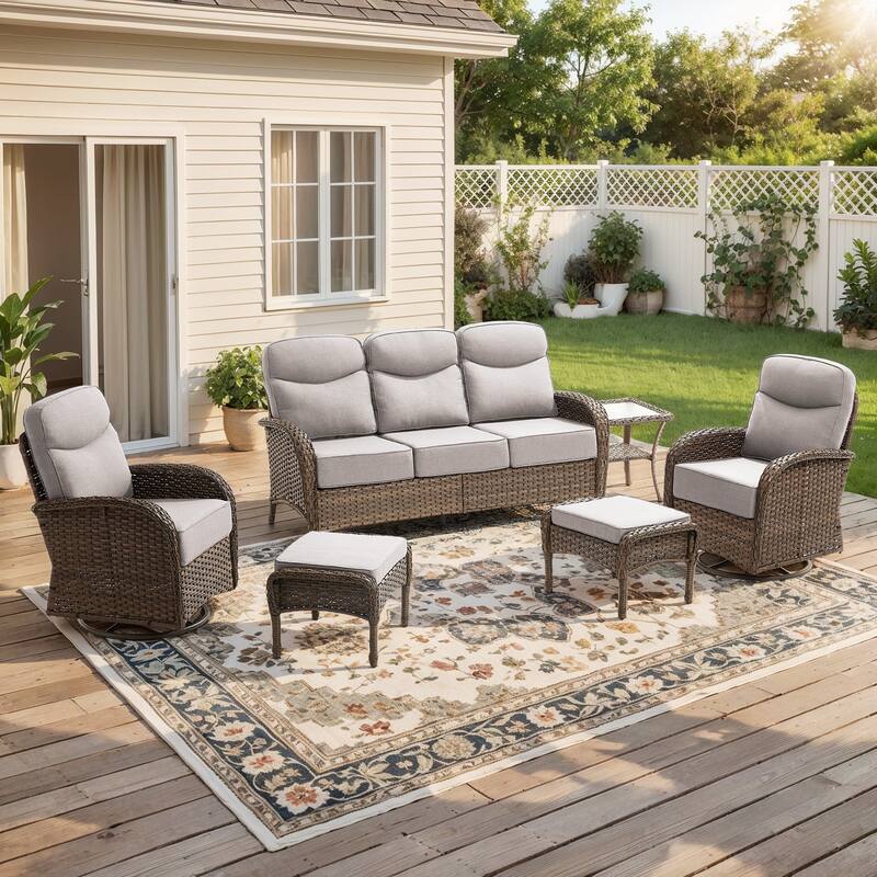Pocassy Outdoor Sofa Swivel Chair and Ottman with Coffee Table - Brown Wicker Beige Cushion - 6-Piece Sofa Swivel Chiar with Ottoman