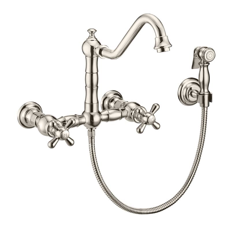 Vintage III Plus Wall Mount Faucet with a Long Traditional Swivel Spout, Cross Handles and Solid Metal Side Spray - Polished Nickel