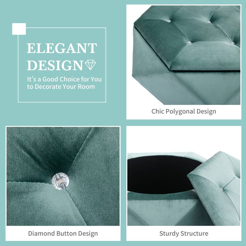 Velvet Polygon Ottoman with Diamond Lid, Multi-Functional Tufted Stroage Ottoman for Bedroom Entryway Foot Rest Stool