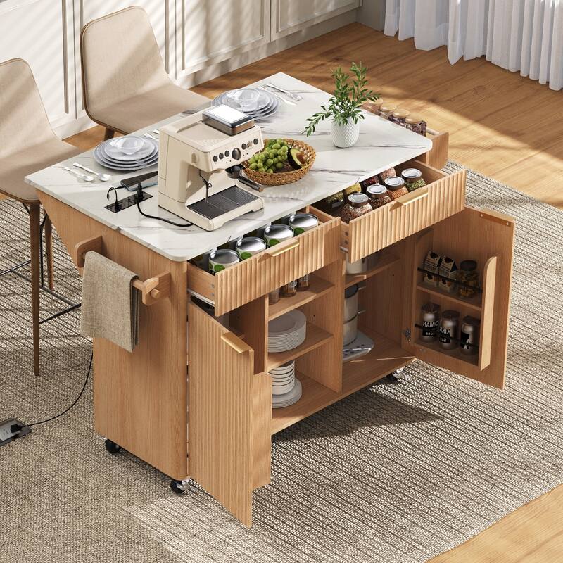 Fluted 52" Kitchen Island Cart with Drop Leaf, Power Outlet, Rolling Island Table with Adjustable Shelves for Versatile Storage